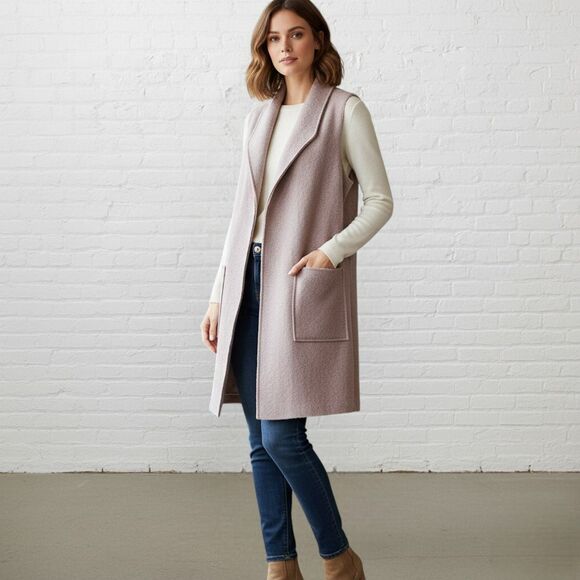 Tahari Boiled Wool Vest S Dusty Rose Long Open Cardigan Sleeveless Lapel Pockets - Picture 1 of 11